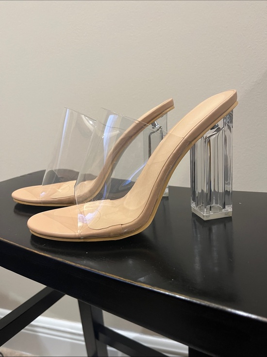 Shoes - Nude Clear Strap Block Heel Mules